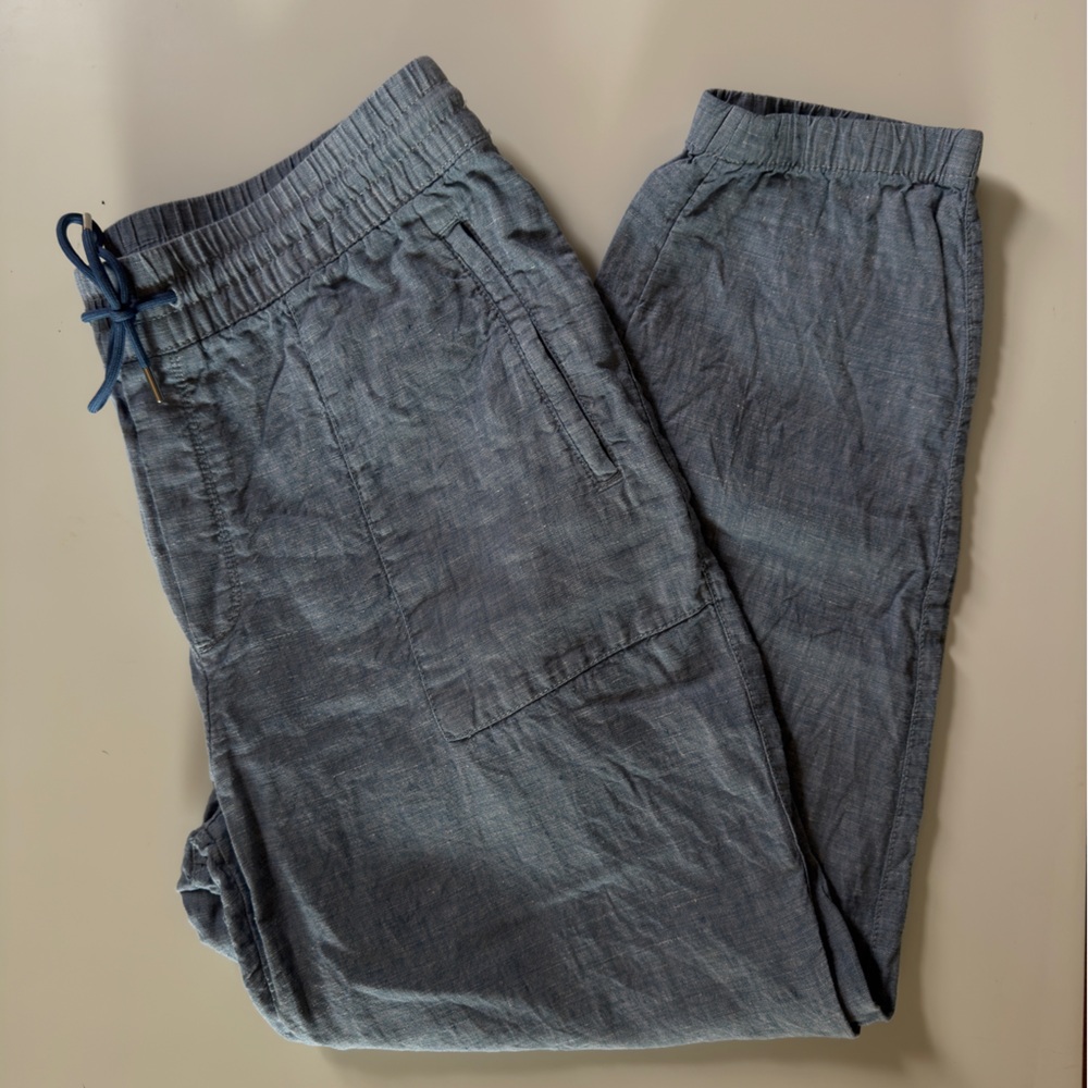 Athleta Linen Retreat Blue Joggers, Size 14,  Zipper and Back Pockets, Like New